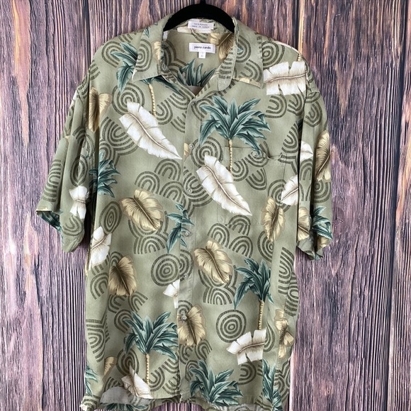 Men’s Pierre Cardin Green & Tan Tropical Pattern Button Down Shirt- Size Lg - Picture 1 of 9